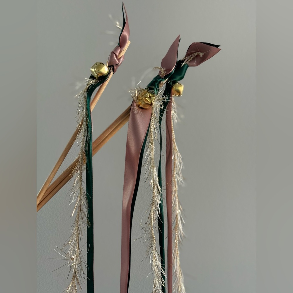 35 BRAND NEW green pink rose gold feather wands wedding ribbon streamers w/bells